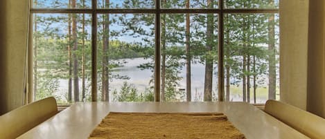A room with a large window overlooking a forest and a lake.