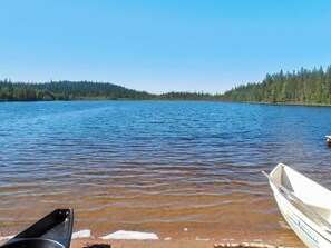 Un lago tranquilo con un bote amarrado en la orilla, rodeado de un bosque denso.