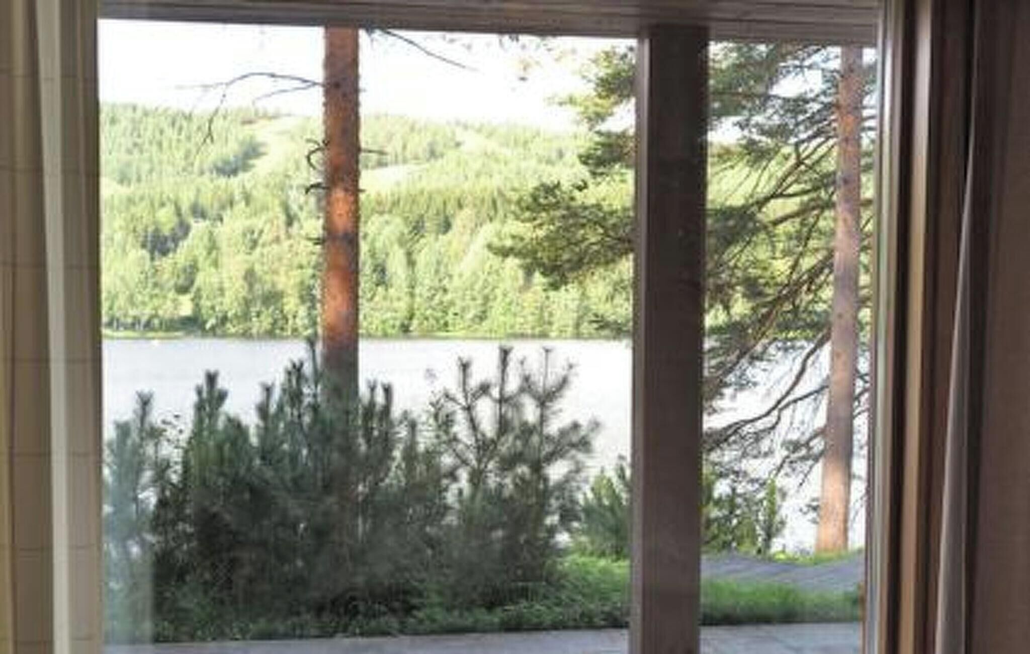 A view through a window with a forest and a body of water visible.