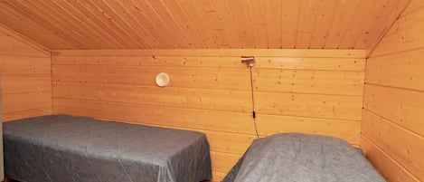 A small, single-room cabin with two beds and a wooden ceiling.