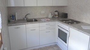Een keuken met witte kastjes, een roestvrijstalen spoelbak, een waterkoker, een broodrooster en een vaatwasser.