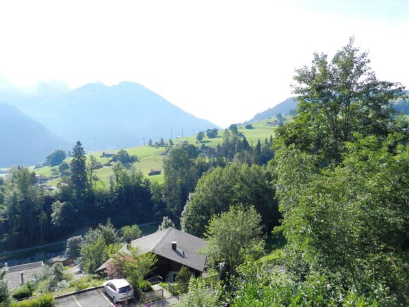 A rural landscape with houses, a car, and mountains in the background. - Goldrose by Interhome (Zweisimmen)