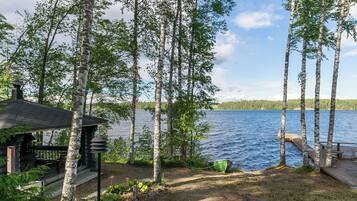 A lakeside cabin with a dock, surrounded by birch trees and a clear view of the lake.