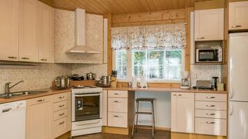 Fridge, microwave, dishwasher, cookware/dishes/utensils