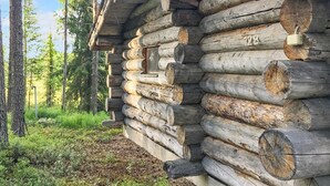Une cabane en rondins avec une fenêtre et une porte, entourée d’arbres.