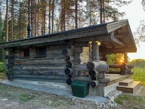 A log cabin with a porch and a person standing on the roof.