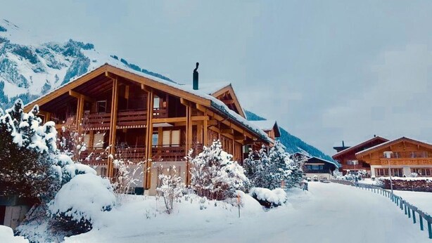 Un chalet en bois, doté d’un toit en pente, entouré d’arbres et de montagnes couverts de neige.