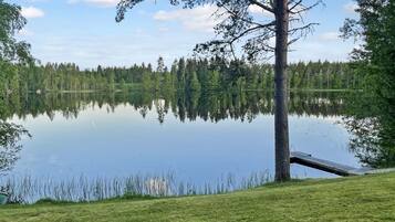 Ein ruhiger See mit einem Steg, der sich ins Wasser erstreckt, umgeben von einer grünen Wiese und dichtem Baumbestand.