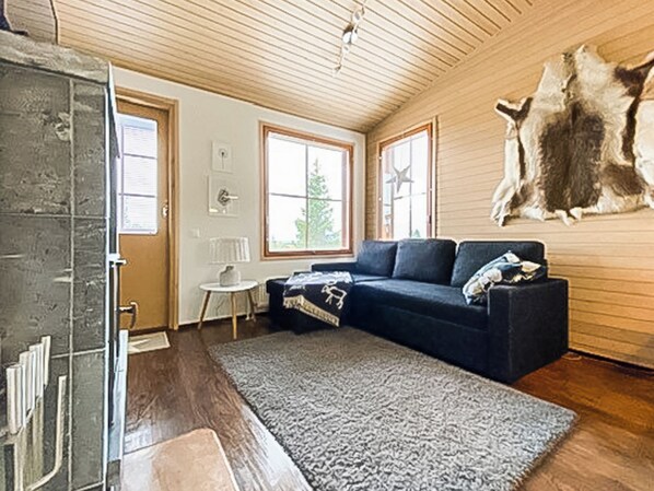 Een gezellige woonkamer met een donkerblauwe bank, een klein wit tafeltje en een groot bont tapijt.
