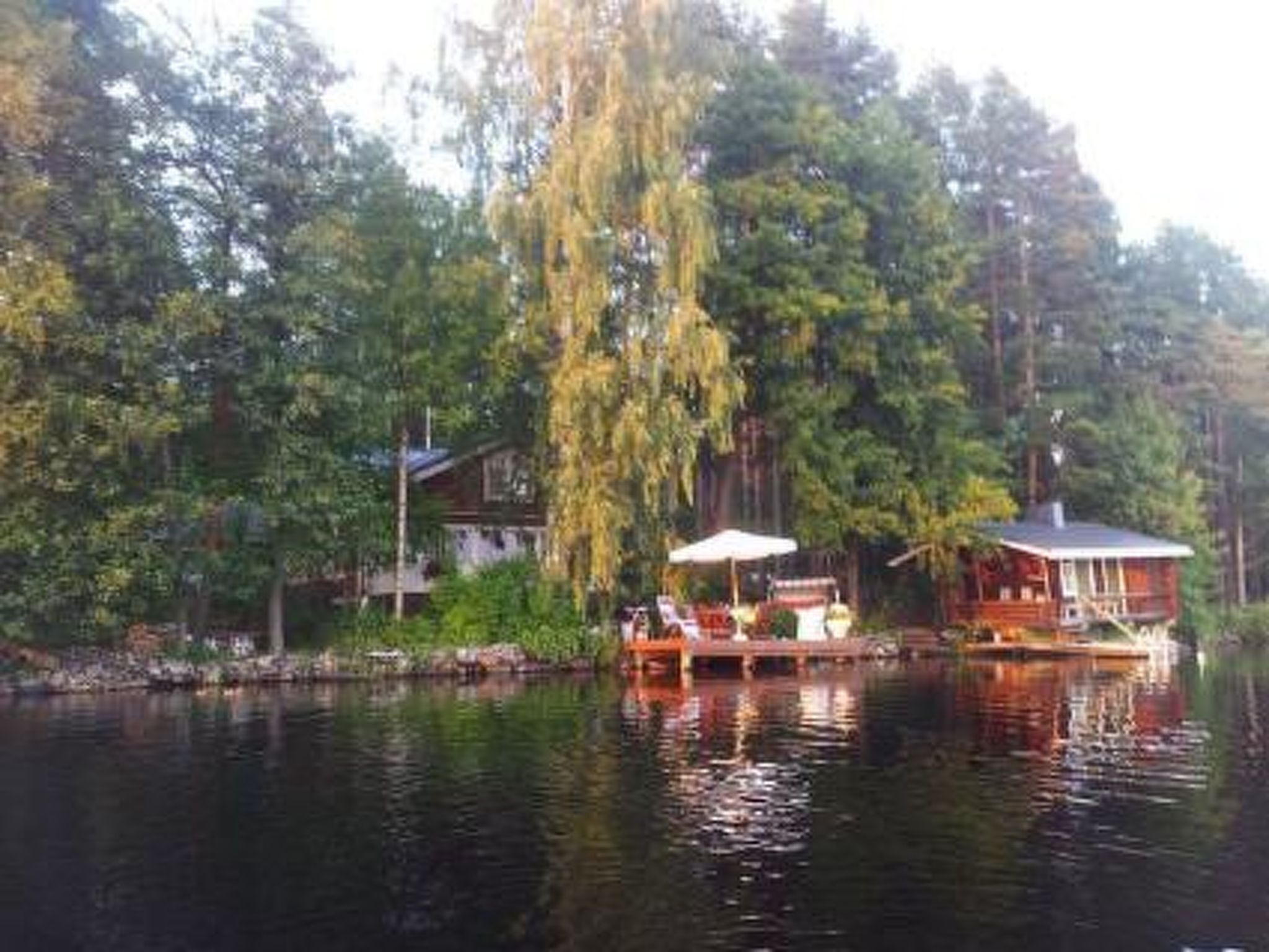 A lakeside cabin with a dock, surrounded by dense forest.
