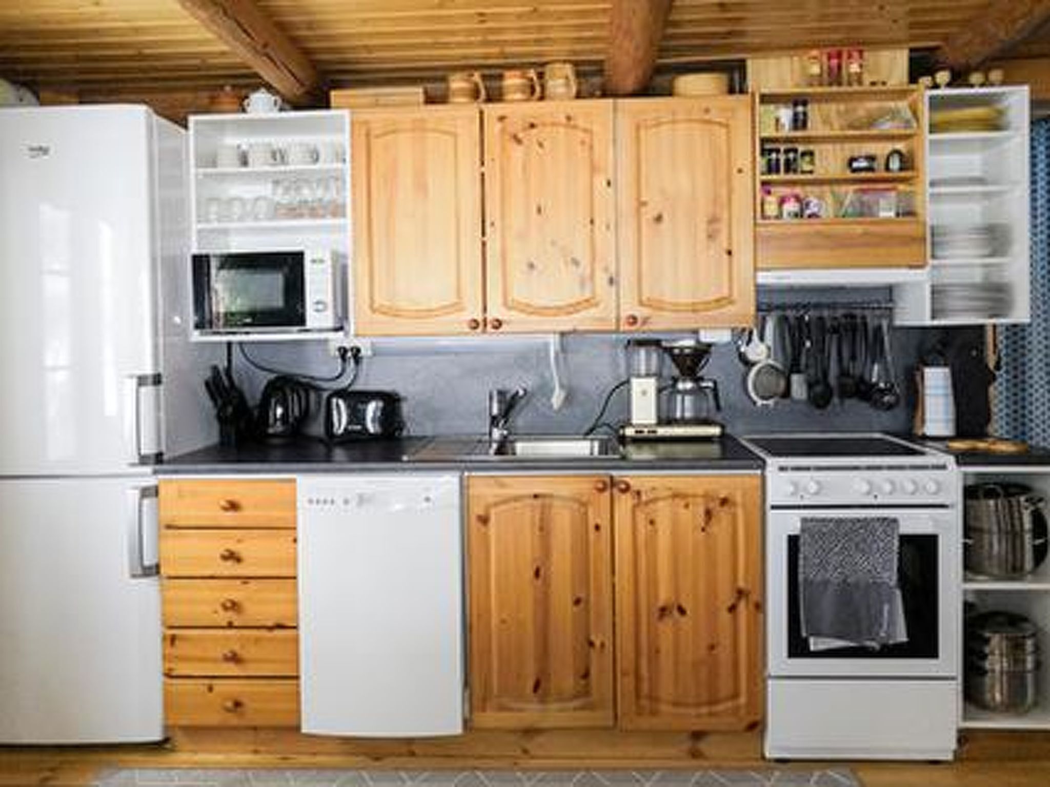 Fridge, microwave, dishwasher, cookware/dishes/utensils