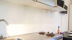 Una cocina moderna con un lavaplatos de acero inoxidable, dos hornillas y un microondas.