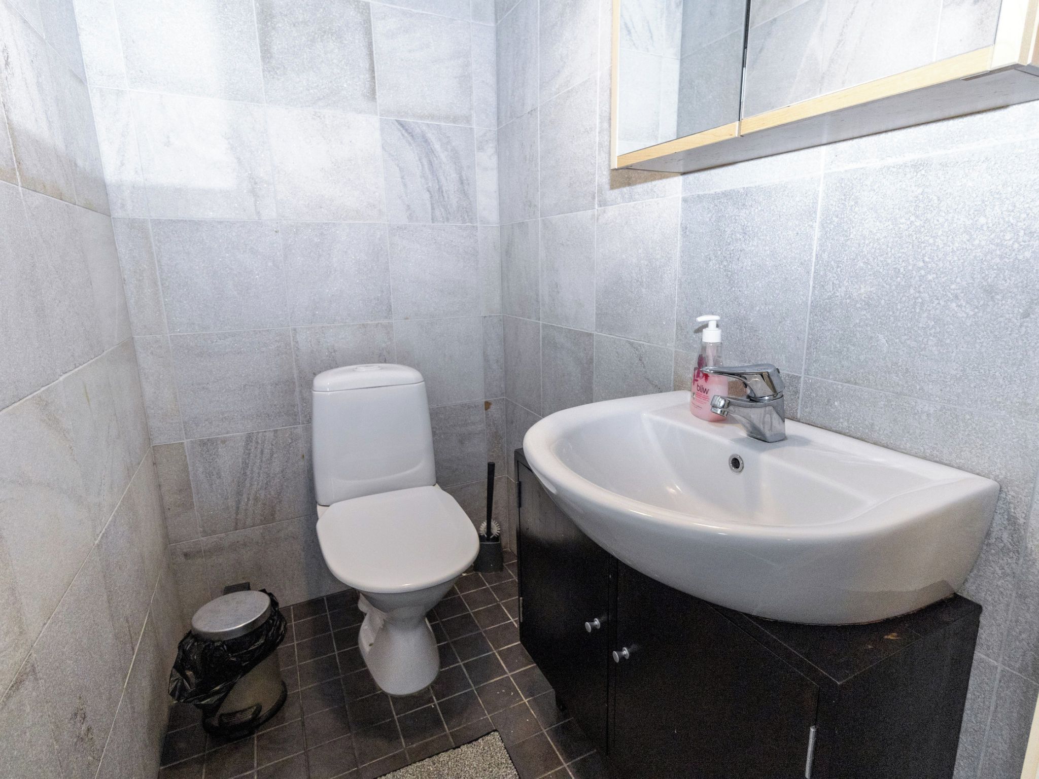 Een badkamer met toilet, wastafel en spiegel boven de wastafel.