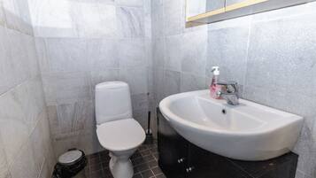 Un baño con inodoro, lavamanos y espejo sobre el lavamanos.