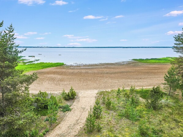 Ein Strand mit freiem Blick auf das Wasser, ein Feldweg, der zum Ufer führt, und vereinzelter Vegetation.