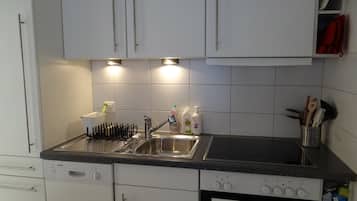 Fridge, dishwasher, cookware/dishes/utensils, dining tables