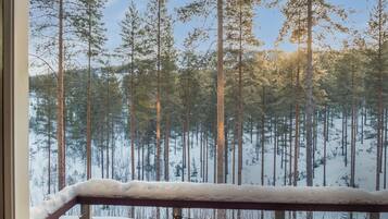 En vy över en snötäckt skog från en balkong med ett räcke.