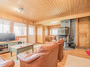 A wooden interior with a television, leather sofa, and a fireplace. - Vacation home Otsola by Interhome (Konnevesi)