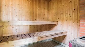 Una sauna con pareti e panche in legno.
