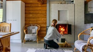 A cozy cabin interior with a fireplace, wooden walls, and wicker furniture. - Vacation home Norppa by Interhome (Puumala)