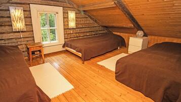 A cozy attic bedroom with wooden floors, a bed, a nightstand, and a window.
