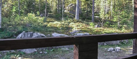 A wooden deck with a view of a forested area.