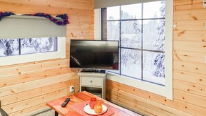 A cozy cabin room with wooden walls, a large window with a view of snow-covered trees, a flat-screen TV, a small table with a remote control, and a decorative garland.