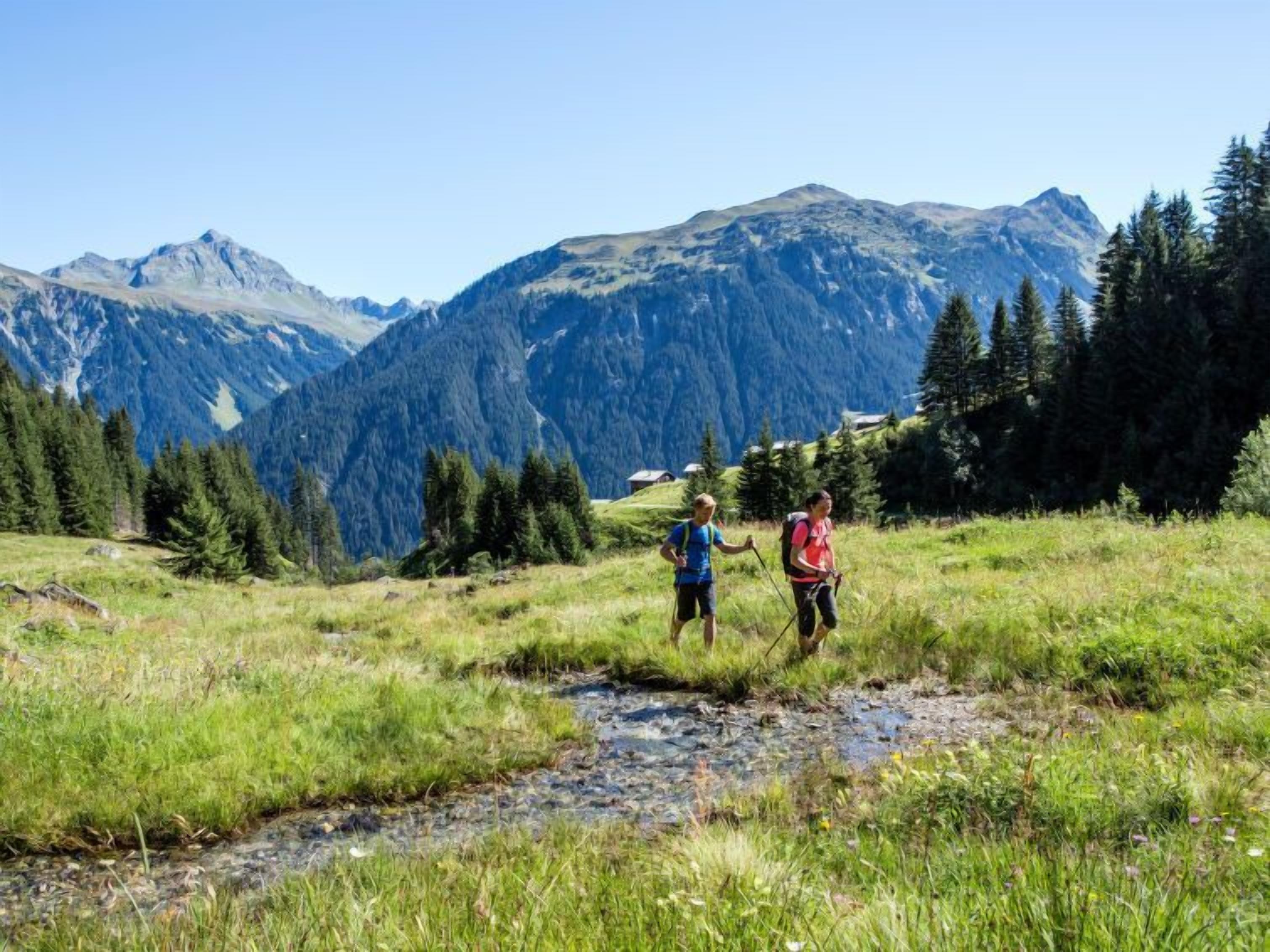 Zwei Wanderer in einer Wiese, im Hintergrund ein Gebirge.