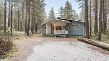 A cabin with a porch and a covered entryway, surrounded by a forest.