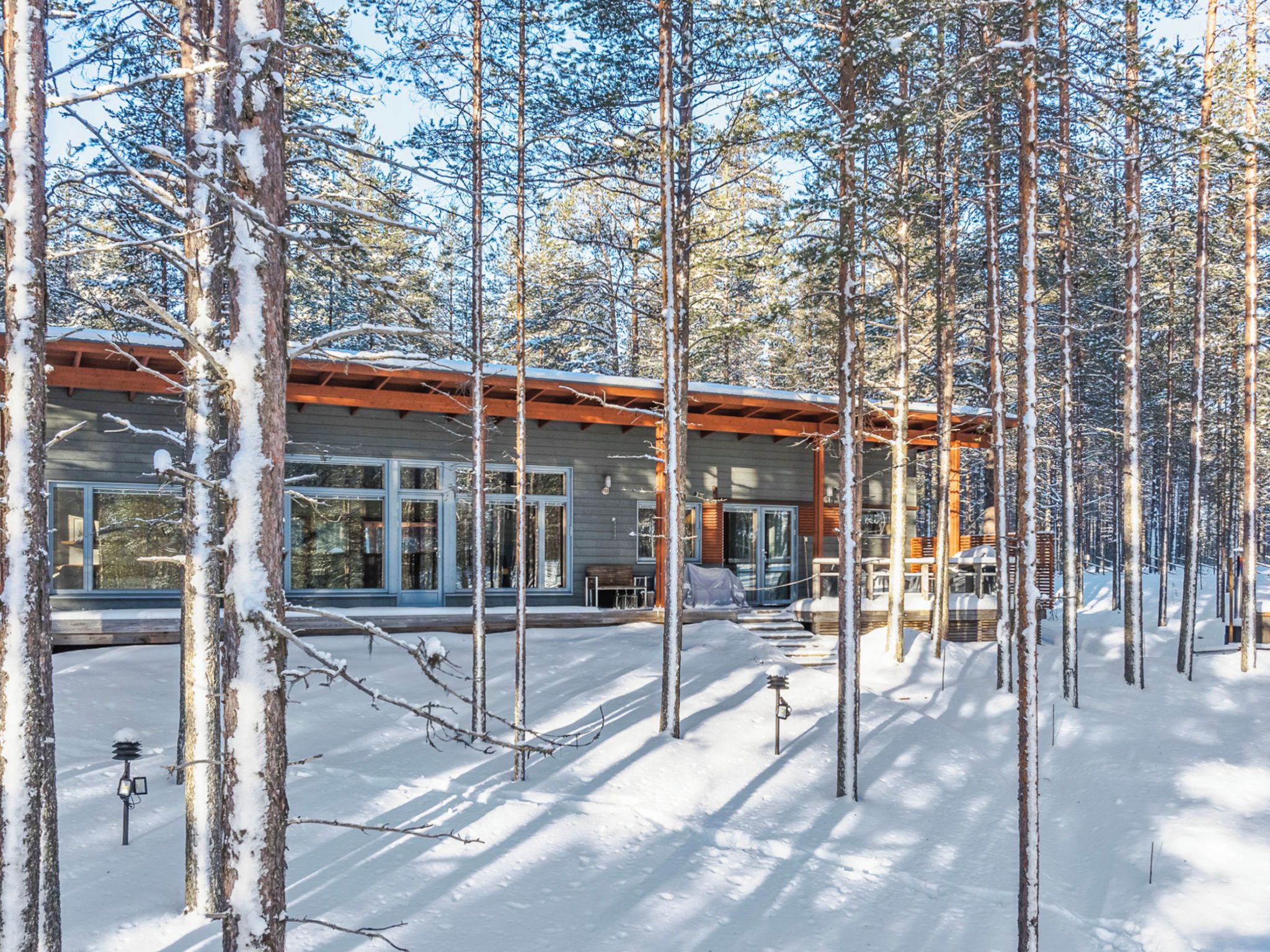 A modern cabin with large windows, surrounded by tall trees and covered in snow.