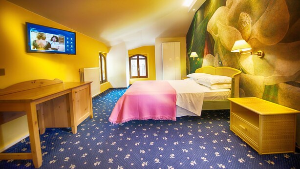 Habitación de hotel con cama, escritorio, silla, televisor y un mural en la pared.