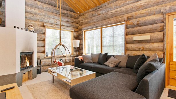A cozy log cabin interior with a fireplace, a hanging chair, a sofa, and large windows.