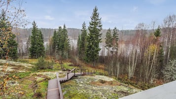 A wooden deck leading to a forested area with a lake in the background.