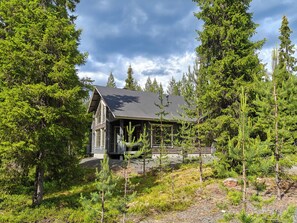 Een chalet omgeven door dicht bos, met een overdekte veranda en een steil dak.