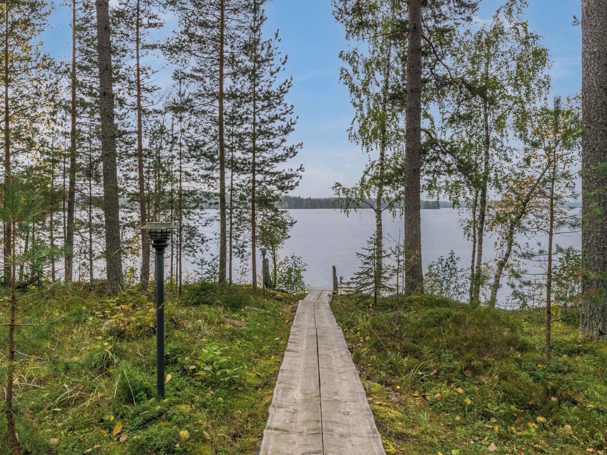 A wooden pathway leading to a body of water, surrounded by trees and vegetation.