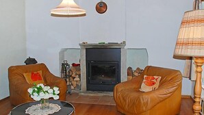 A living room with two leather armchairs, a glass coffee table with a lace doily, a vase with white flowers, a fireplace, and a hanging lamp. - Strecce 2 by Interhome (Vergeletto)
