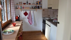 A compact kitchen with wooden countertops, a sink, and a stove. There are shelves above the counter holding various kitchen items. - Elena # 1 by Interhome (Lenk)
