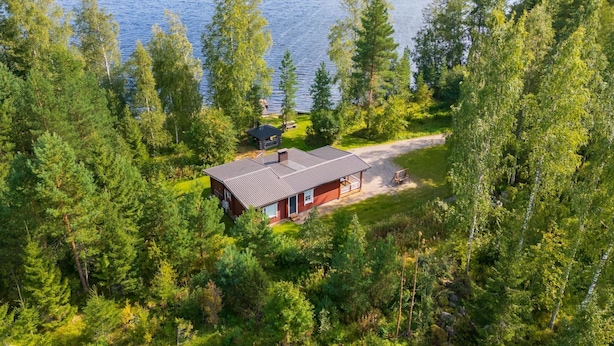 A cabin with a metal roof, surrounded by dense forest, near a large lake. - Lassinmaja by Interhome (Hartola)