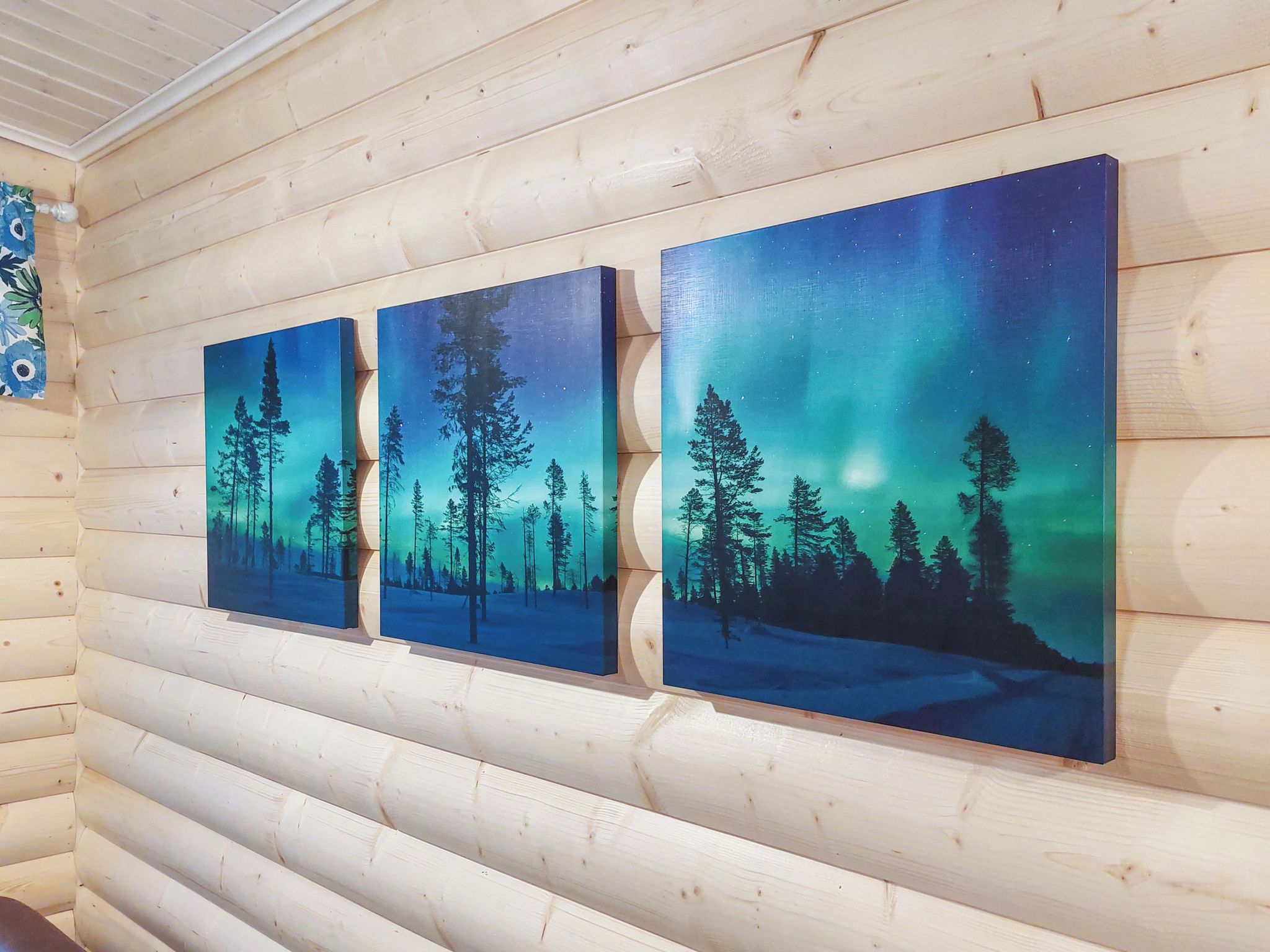 Three paintings of a forest at night with a starry sky on a wooden wall.