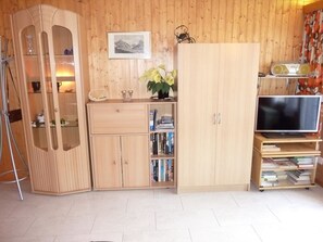 A wooden-paneled room with a television, bookshelves, and a cabinet with glass doors.