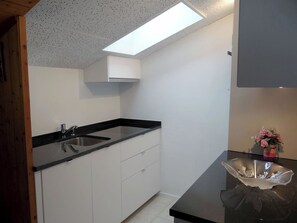 A modern kitchen with a skylight, a sink, and a countertop.