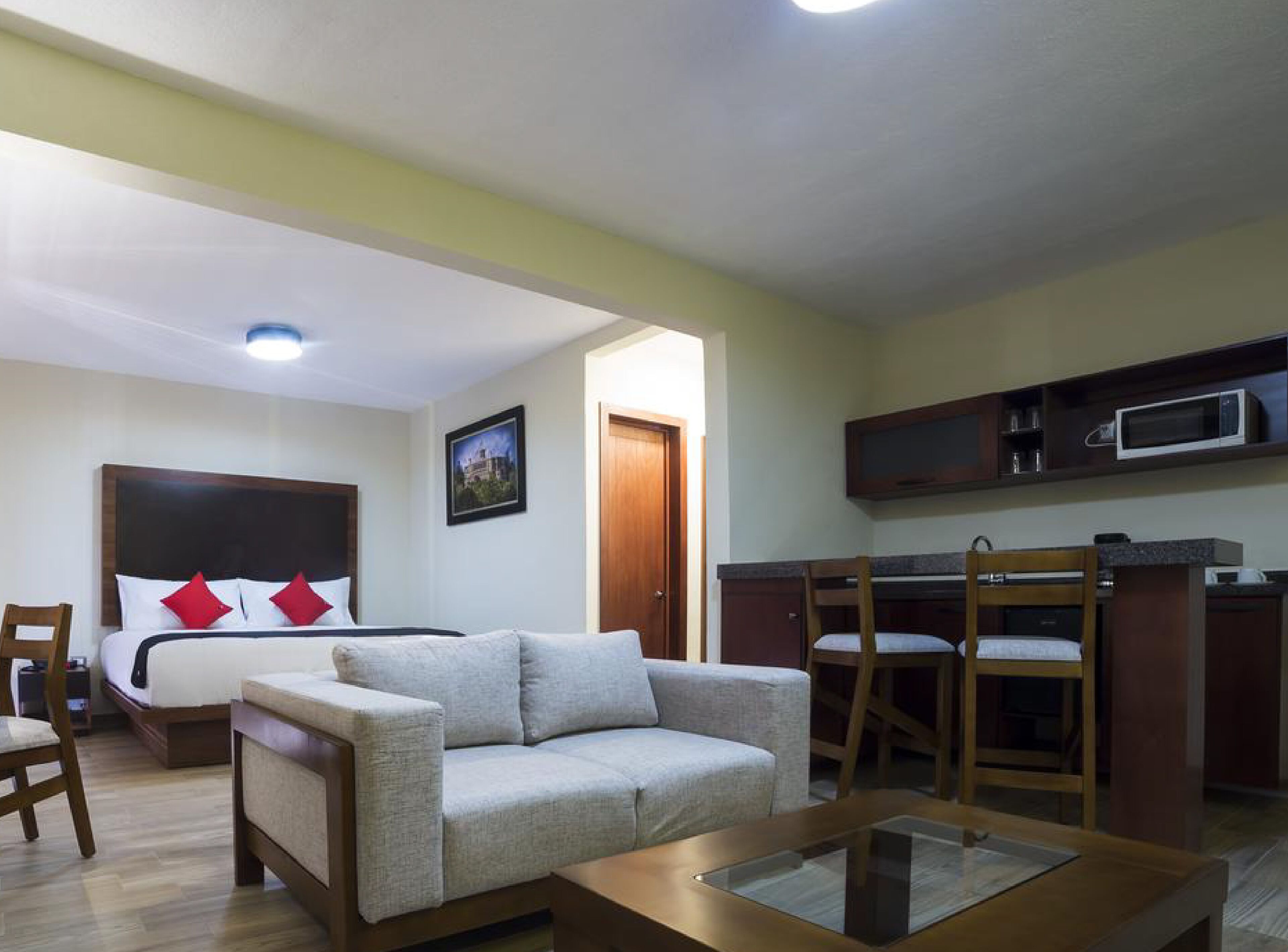 Una habitación de hotel con una cama, un sofá, un escritorio y una kitchenette.