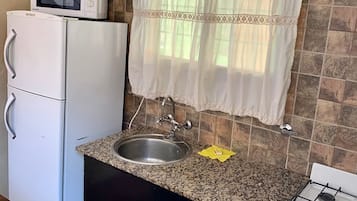 Full-sized fridge, microwave, oven, coffee/tea maker