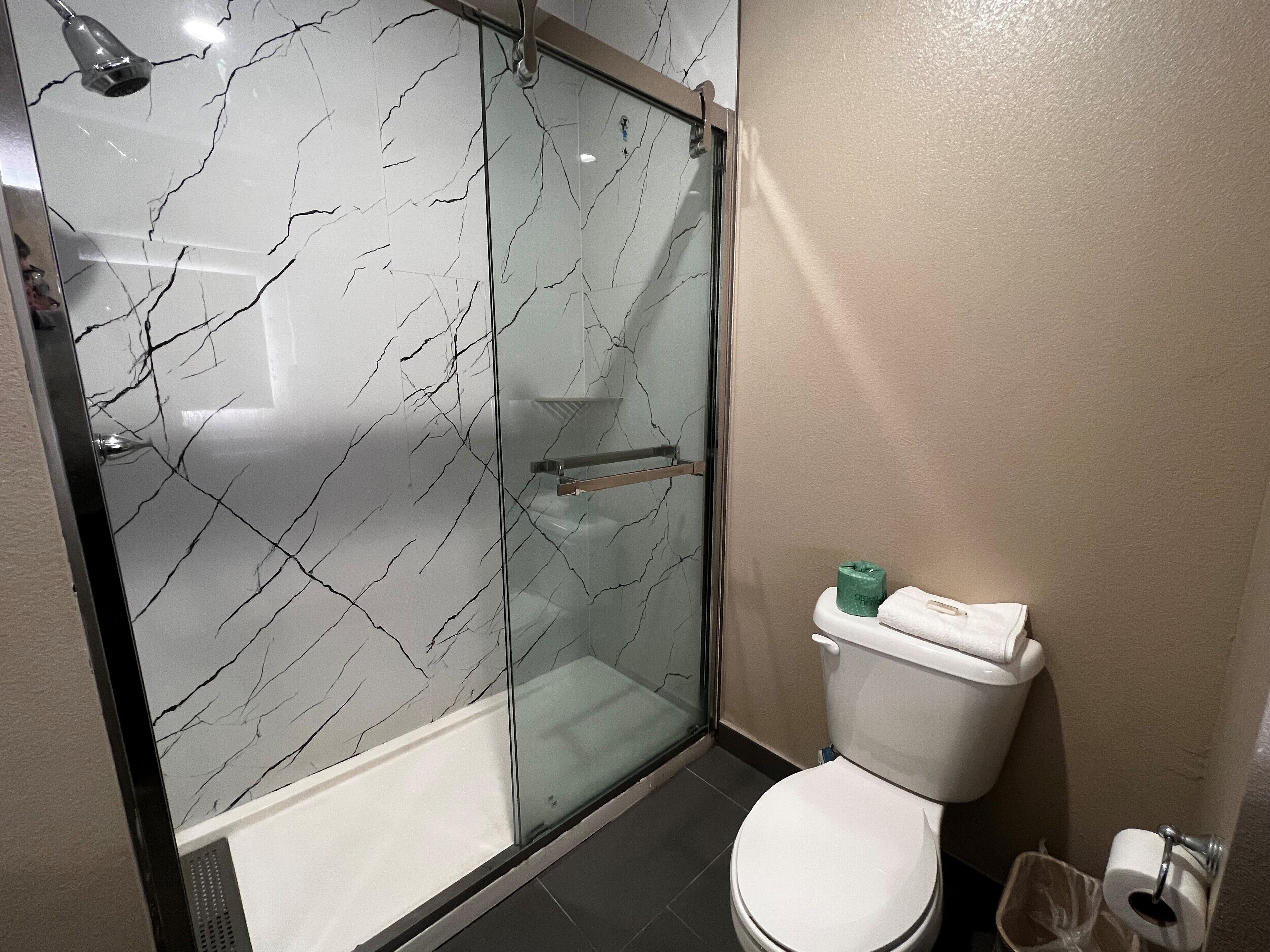 combined shower/bathtub, free toiletries, hair dryer, towels