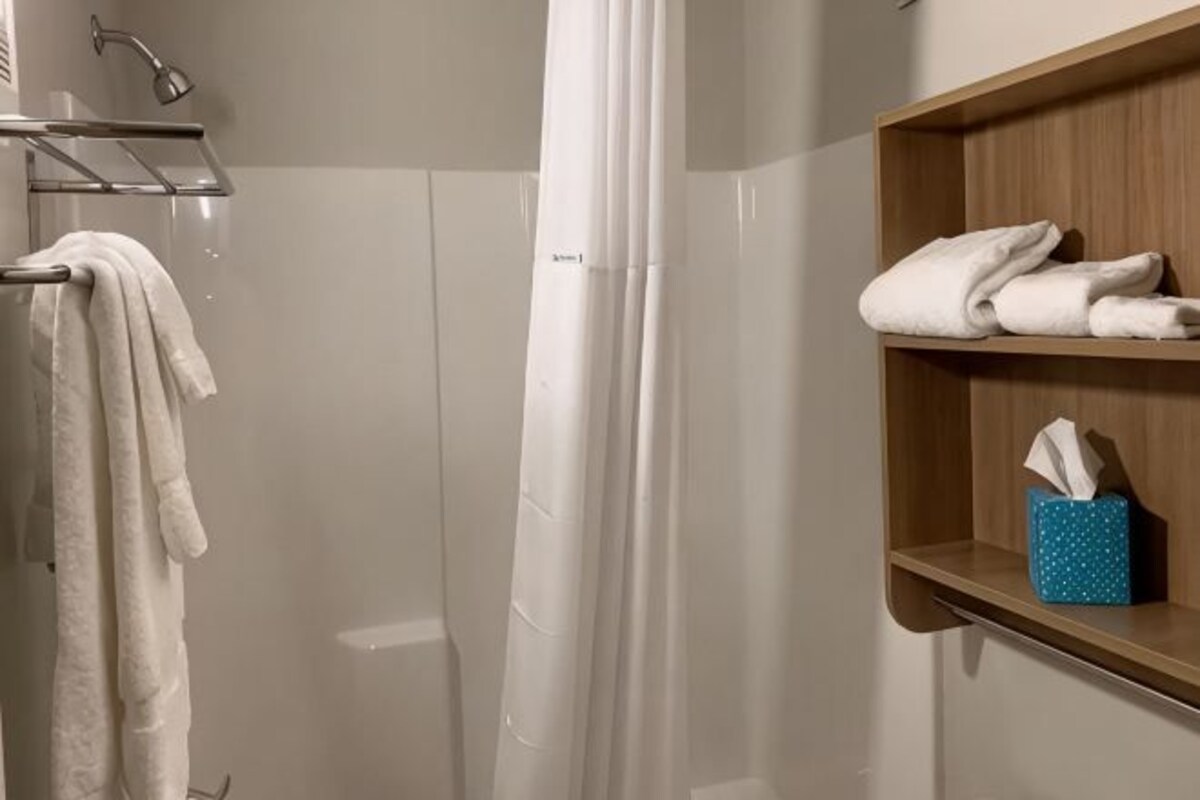 Un espace douche doté d’une porte en verre, d’un porte-serviettes avec des serviettes, et d’une étagère contenant des serviettes pliées et une boîte de mouchoirs.