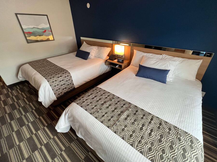 Two single beds with headboards, a bedside table with a lamp, and a framed picture on the wall.