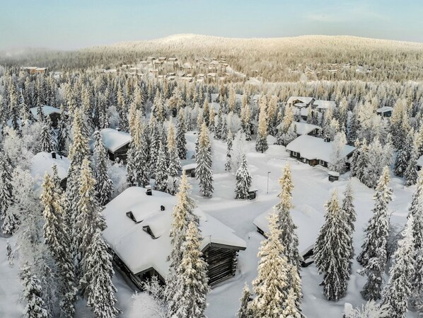 A snow-covered forest with multiple cabins.