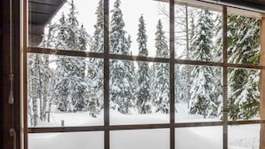 Ein Fenster mit Blick auf eine verschneite Landschaft und Bäume.