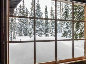 A window with a view of snow-covered trees and a snow-covered ground.