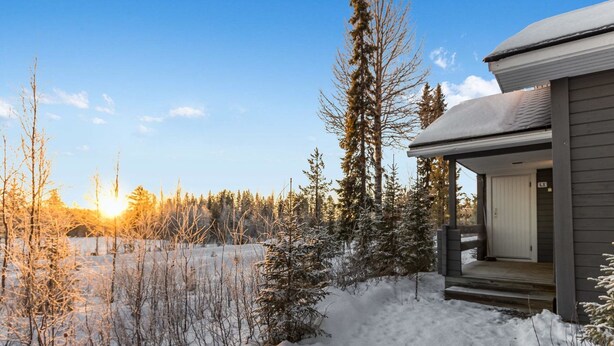 A house with a covered porch, surrounded by snow-covered ground and trees.